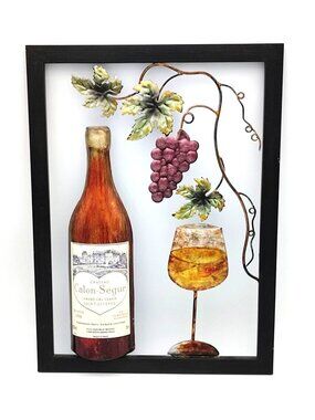3D Framed Metal Wine Wall Art Grapes Bottle Glass Kitchen Dining Vineyard Decor